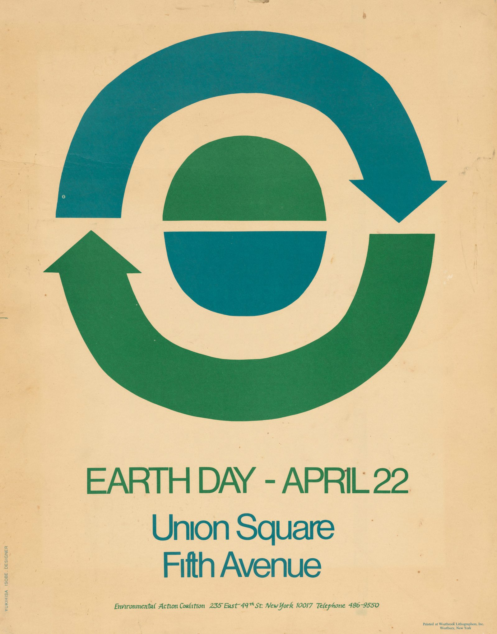 a poster with blue and green circling arrows and two blue and green half circles inside
