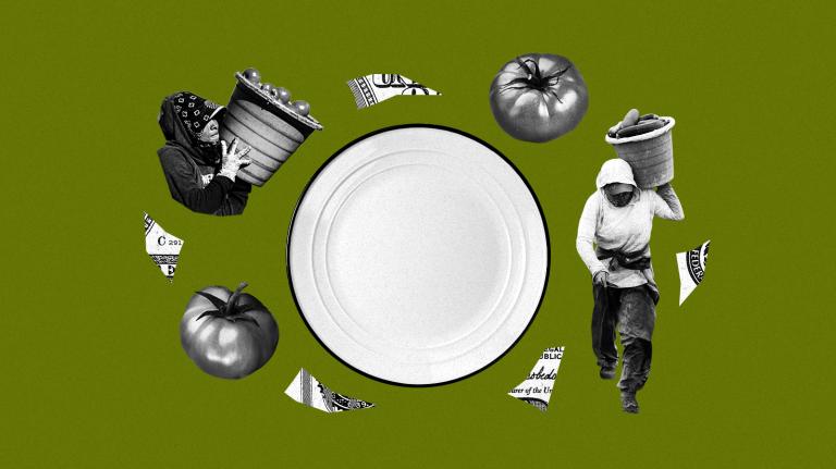 Collage of farmworkers carrying produce, snippets of a dollar bill, and tomatoes — all centered around an empty dinner plate