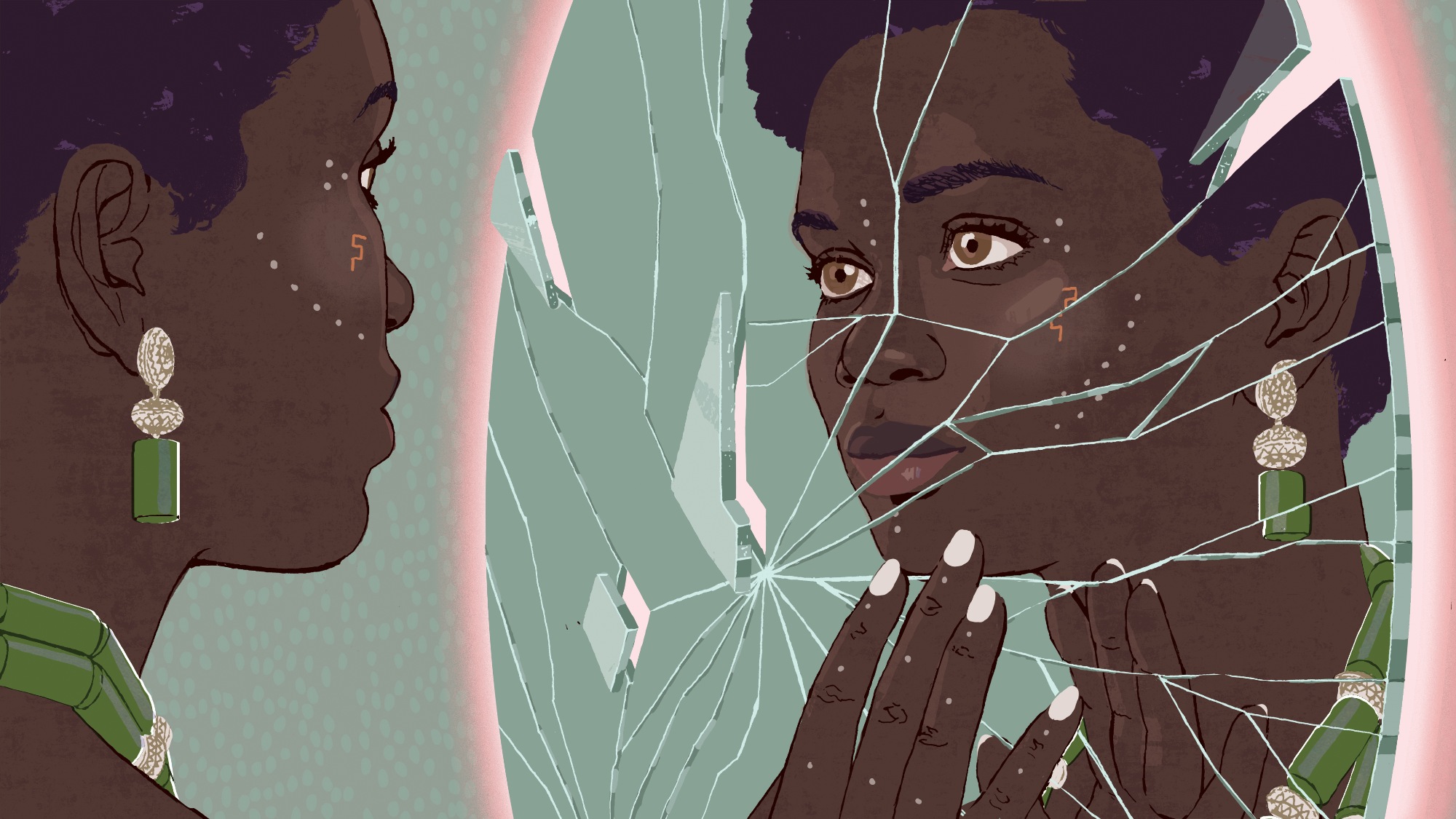 Illustration shows a Black woman with green jewelry looking into a cracked mirror