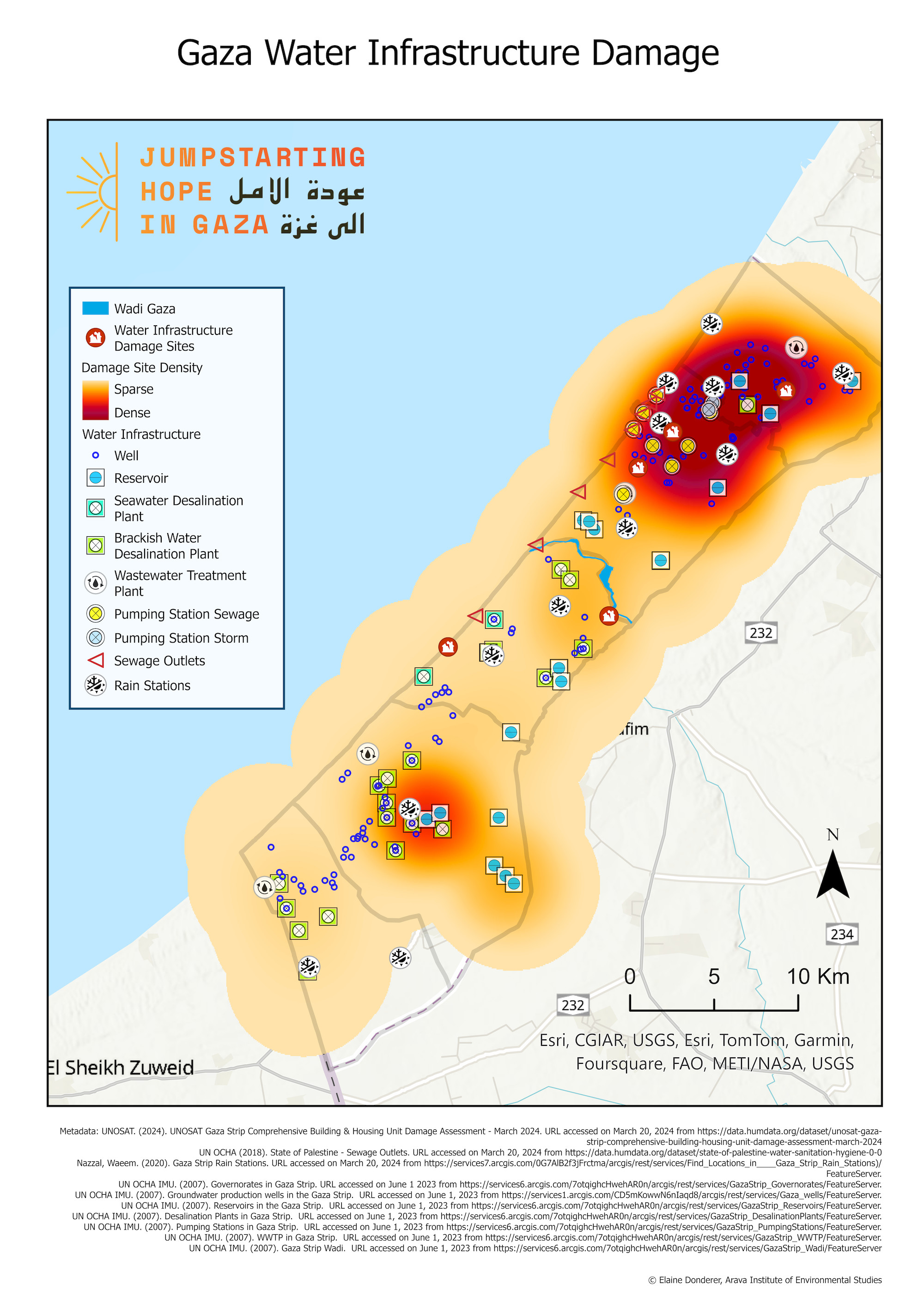 A 2024 map showing proximity of water infrastructure to damage sites in Gaza